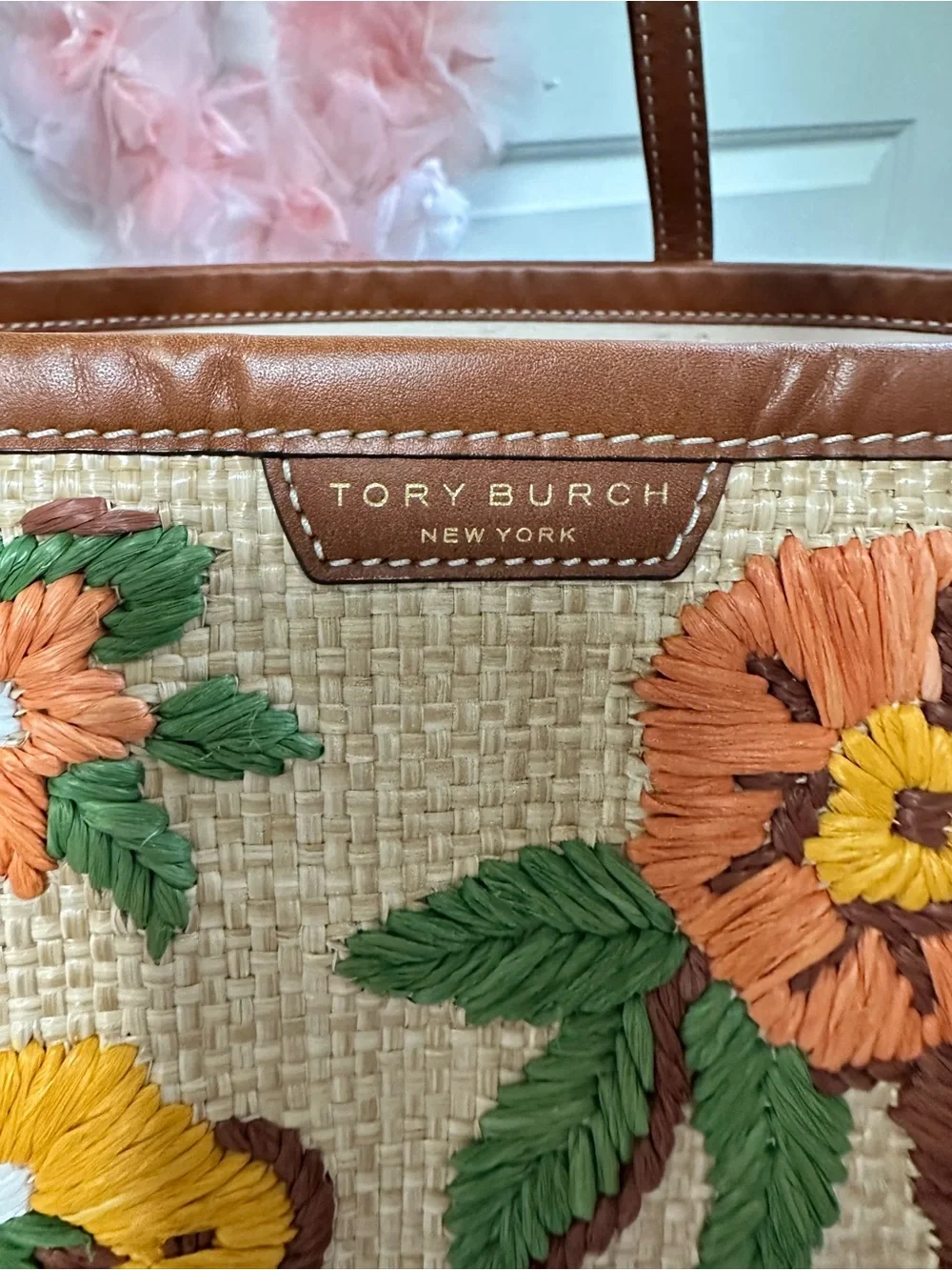 Tory Burch Floral Embroidered Raffia Tote in Brown and Yellow